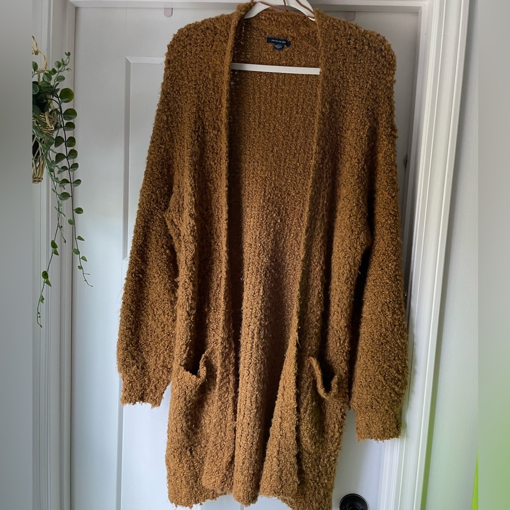 American Eagle Outfitters Bouclé Open-Front Cardigan in Chestnut